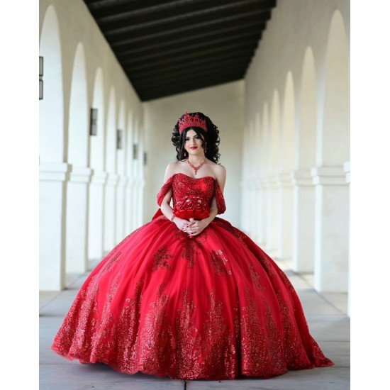 Off Shoulder Red Quinceanera Dress Scoop Neck Metallic Sequin 15 Dresses