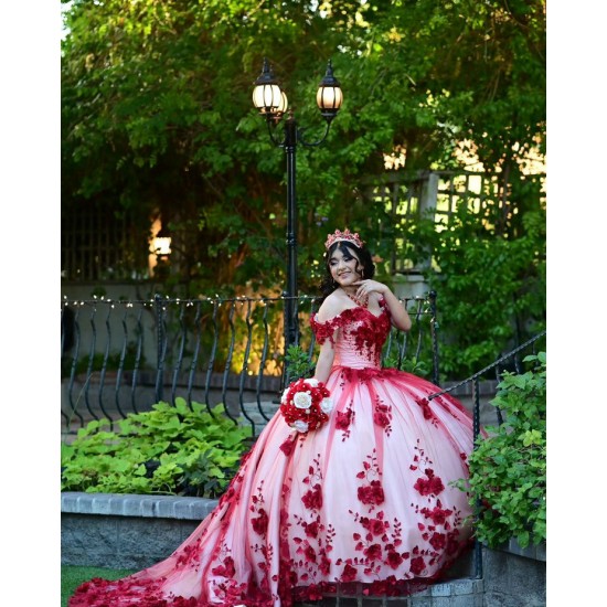 Off Shoulder Red Quinceanera Dress Sweetheart Neck 3D Flowers 15 Dresses