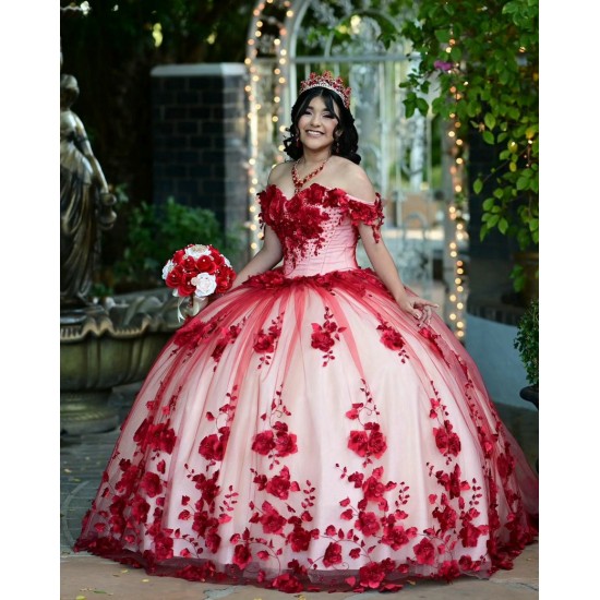 Off Shoulder Red Quinceanera Dress Sweetheart Neck 3D Flowers 15 Dresses