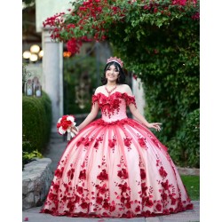 Off Shoulder Red Quinceanera Dress Sweetheart Neck 3D Flowers 15 Dresses