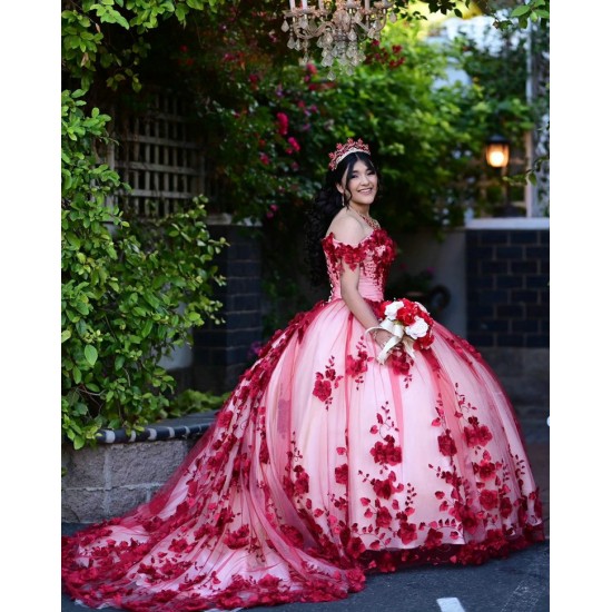 Off Shoulder Red Quinceanera Dress Sweetheart Neck 3D Flowers 15 Dresses