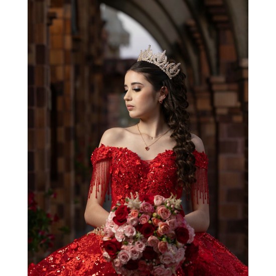 Off Shoulder Red Quinceanera Dresses Sweetheart Neck 15 Dress With 3D Flowers