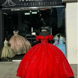 Off Shoulder Red Quinceanera Dresses Sweetheart Neck Lace Appliques 15 Dress