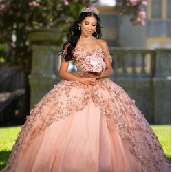 Off Shoulder Rose Gold Quince Dress Sweetheart Neck Vestidos De 15 Anos