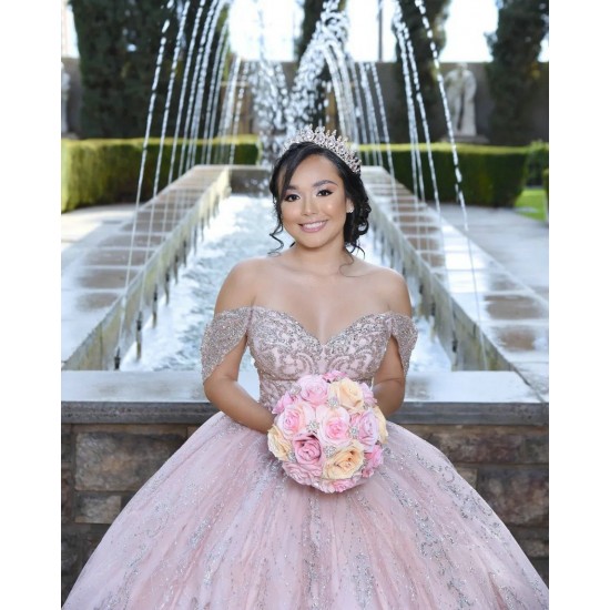 Off Shoulder Rose Gold Quinceanera Dress Sequin Sweetheart Neck 15 Dresses