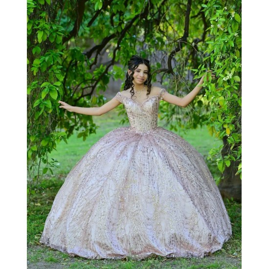 Off Shoulder Rose Gold Quinceanera Dress Sweetheart Neck Sequin 15 Dresses