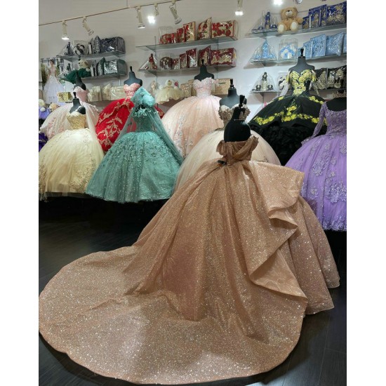 Off Shoulder Rose Gold Quinceanera Dress Sweetheart Sequin 15 Dresses