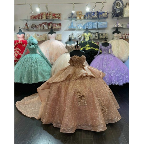 Off Shoulder Rose Gold Quinceanera Dress Sweetheart Sequin 15 Dresses