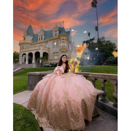 Off Shoulder Rose Gold Quinceanera Dress V Neck Vestidos De 15 Anos