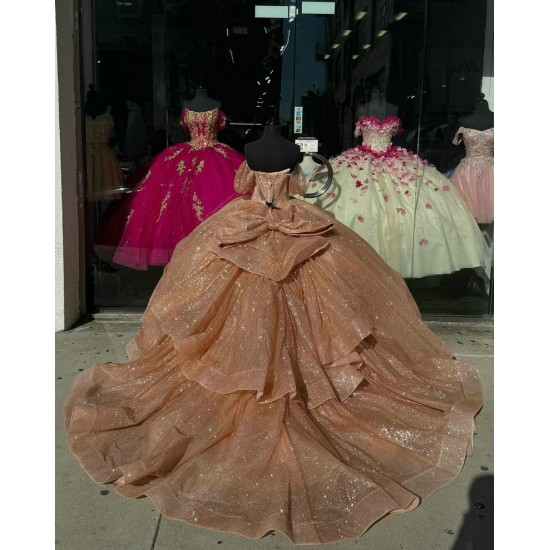 Off Shoulder Rose Gold Quinceanera Dresses Ball Gown 15 Dress With Bow