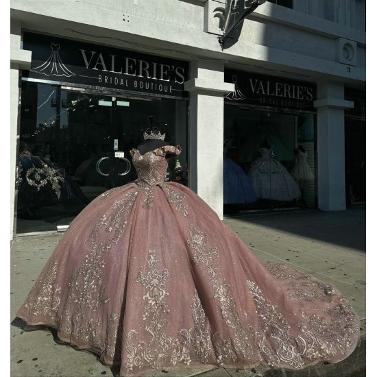 Off Shoulder Rose Gold Quinceanera Dresses Sweetheart Neck Ball Gown 15 Dress