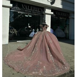 Off Shoulder Rose Gold Quinceanera Dresses Sweetheart Neck Ball Gown 15 Dress