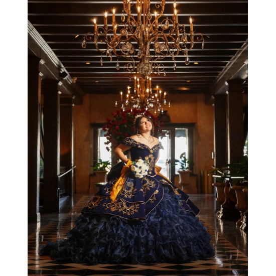 Off Shoulder Ruffled Navy Blue Quinceanera Dresses V Neck 15 Dress