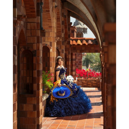 Off Shoulder Ruffled Navy Blue Quinceanera Dresses V Neck 15 Dress