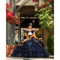 Off Shoulder Ruffled Navy Blue Quinceanera Dresses V Neck 15 Dress