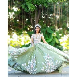 Off Shoulder Sage Green Quince Dress V Neck Vestidos De 15 Anos 2024 Ball Gown