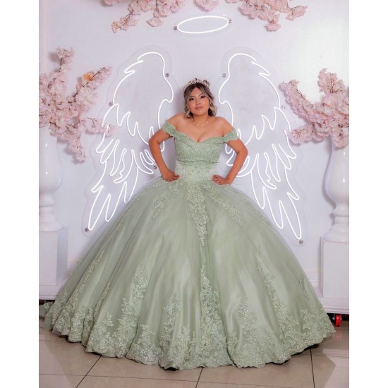 Off Shoulder Sage Green Quinceanera Dress Sweetheart Neck 15 Dresses With Bow