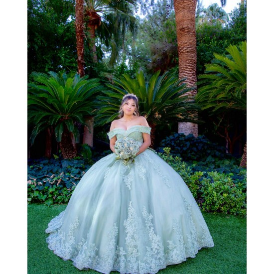 Off Shoulder Sage Green Quinceanera Dress Sweetheart Neck 15 Dresses With Bow