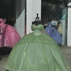 Off Shoulder Sage Green Quinceanera Dresses Ball Gown 15 Dress With Bow