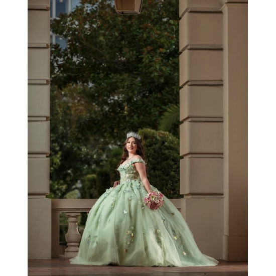 Off Shoulder Sage Green Quinceanera Dresses With 3D Flowers