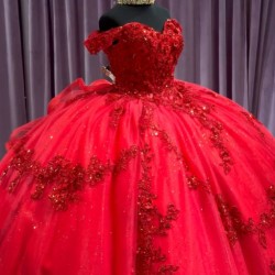 Off Shoulder Sequin Red Quince Dresses Sequin Sweetheart Neckline 15 Dress