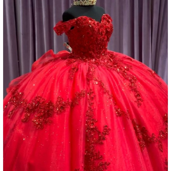 Off Shoulder Sequin Red Quince Dresses Sequin Sweetheart Neckline 15 Dress