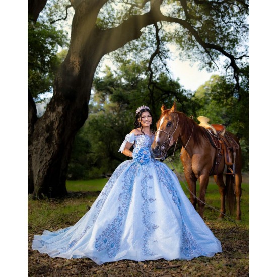 Off Shoulder Sky Blue Quinceanera Dress 2024 Sweet 15 Gowns