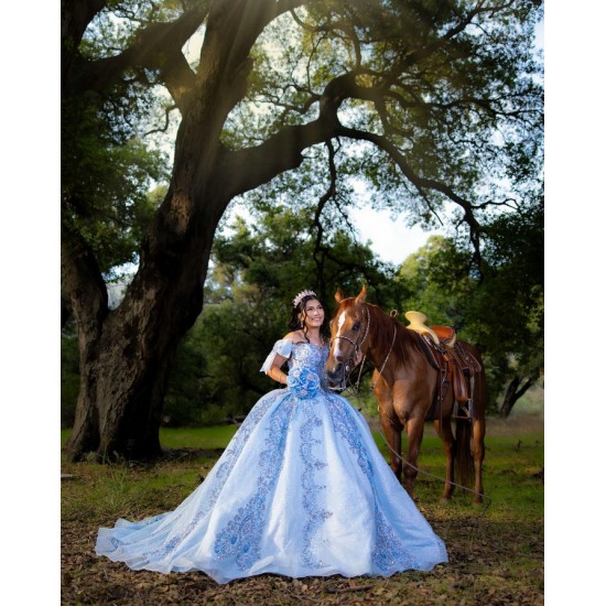 Off Shoulder Sky Blue Quinceanera Dress 2024 Sweet 15 Gowns