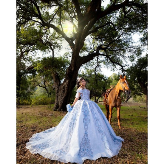 Off Shoulder Sky Blue Quinceanera Dress 2024 Sweet 15 Gowns