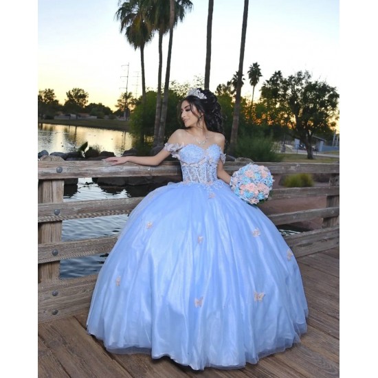 Off Shoulder Sky Blue Quinceanera Dress Lace Appliques Sweetheart 15 Dresses