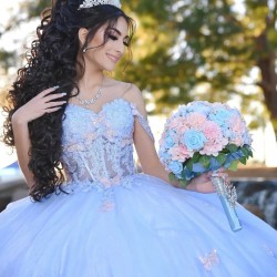 Off Shoulder Sky Blue Quinceanera Dress Lace Appliques Sweetheart 15 Dresses