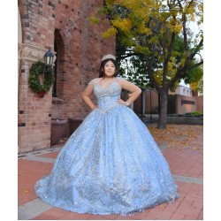 Off Shoulder Sky Blue Quinceanera Dress Metallic Sequin V Neck 15 Dresses