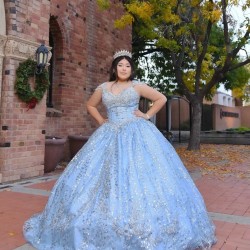 Off Shoulder Sky Blue Quinceanera Dress Metallic Sequin V Neck 15 Dresses