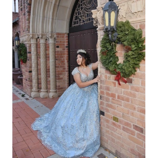 Off Shoulder Sky Blue Quinceanera Dress Metallic Sequin V Neck 15 Dresses