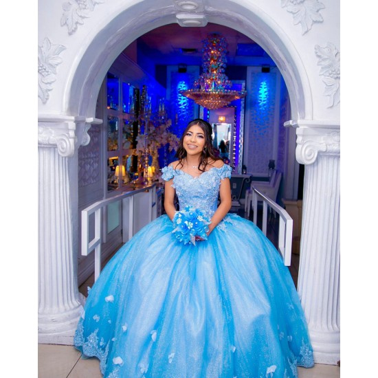 Off Shoulder Sky Blue Quinceanera Dress Sweetheart Neck 15 Dresses With Bow