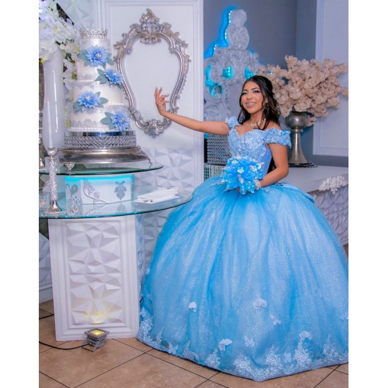 Off Shoulder Sky Blue Quinceanera Dress Sweetheart Neck 15 Dresses With Bow