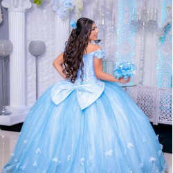 Off Shoulder Sky Blue Quinceanera Dress Sweetheart Neck 15 Dresses With Bow