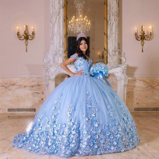 Off Shoulder Sky Blue Quinceanera Dress Vestidos De 15 Anos With 3D Flowers