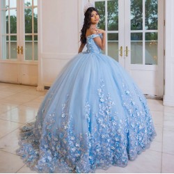 Off Shoulder Sky Blue Quinceanera Dress Vestidos De 15 Anos With 3D Flowers