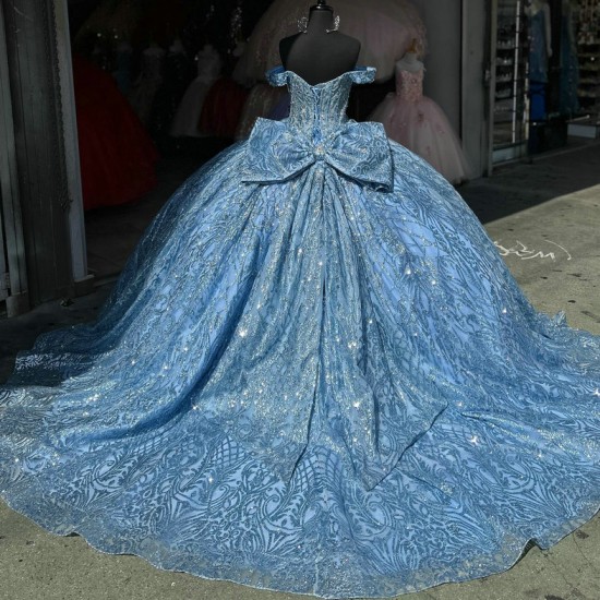 Off Shoulder Sky Blue Quinceanera Dresses 15 Dress With Bow