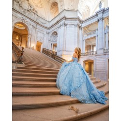 Off Shoulder Sky Blue Quinceanera Dresses Pearl Sweetheart Neck 15 Dress With 3D Flowers