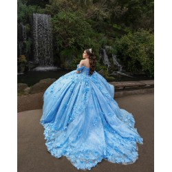 Off Shoulder Sky Blue Quinceanera Dresses Sequin 15 Dress With 3D Flowers