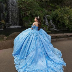 Off Shoulder Sky Blue Quinceanera Dresses Sequin 15 Dress With 3D Flowers