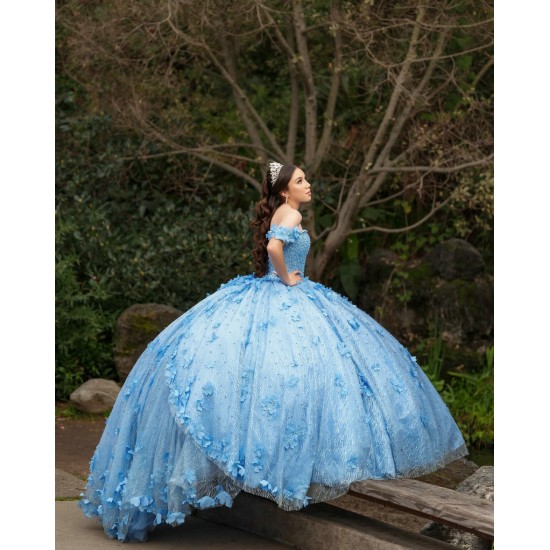 Off Shoulder Sky Blue Quinceanera Dresses Sequin 15 Dress With 3D Flowers