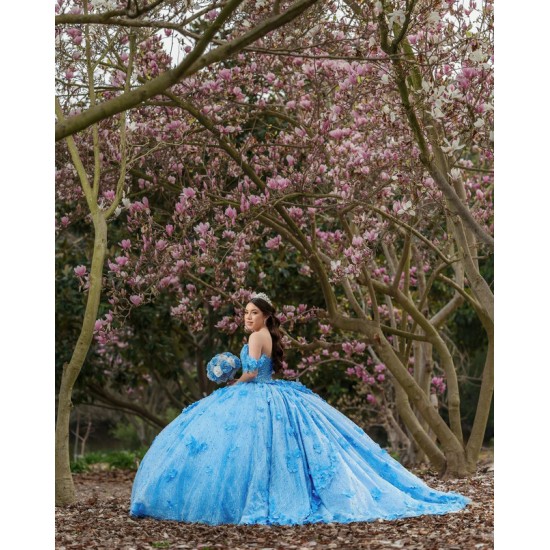 Off Shoulder Sky Blue Quinceanera Dresses Sequin 15 Dress With 3D Flowers