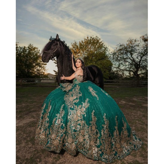 Off Shoulder Sweet 15 Gowns Emerald Green Quinceanera Dress