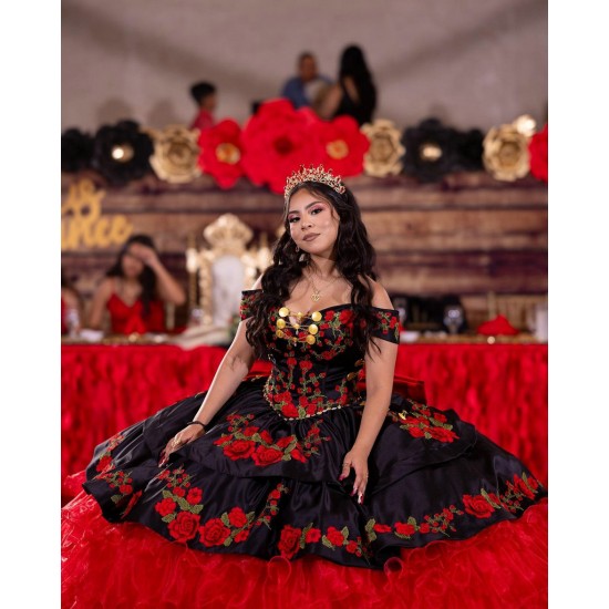 Off Shoulder Sweet 15 Gowns Red On Black Quinceanera Dress Princess Dresses