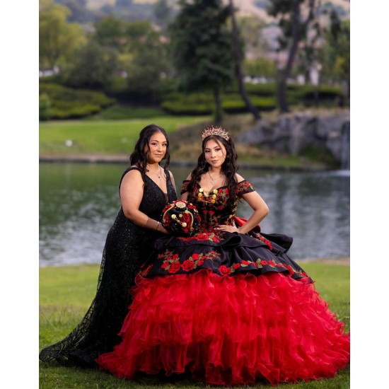 Off Shoulder Sweet 15 Gowns Red On Black Quinceanera Dress Princess Dresses