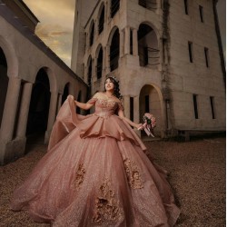 Off Shoulder Sweet 15 Gowns Rose Gold Quinceanera Dress With 3D Flowers