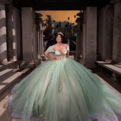 Off Shoulder Sweet 15 Gowns Sage Green Quinceanera Dress 2024 Princess Dresses